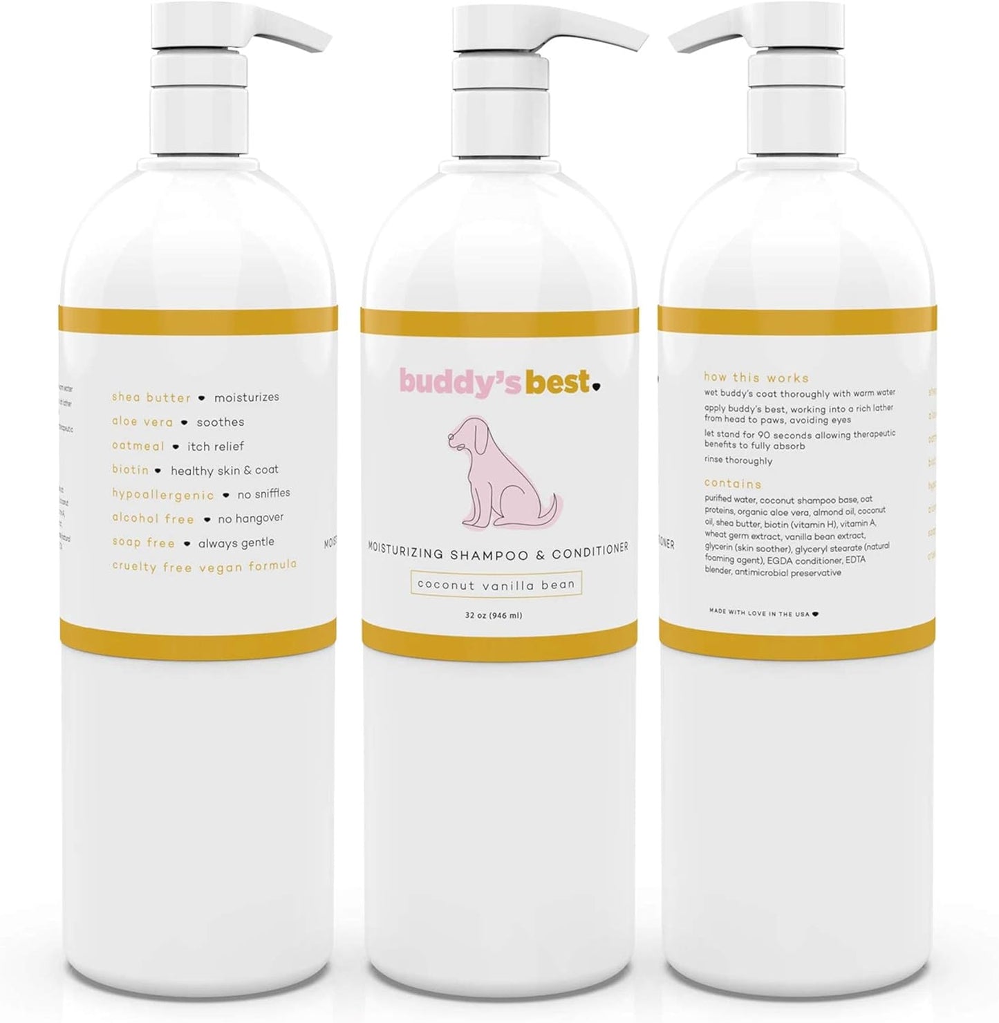 Oatmeal Dog Shampoo and Conditioner for Dry and Sensitive Skin - Moisturizing Puppy Wash with Coconut Vanilla Bean Scent, 32 Oz - Ideal for Odor Control